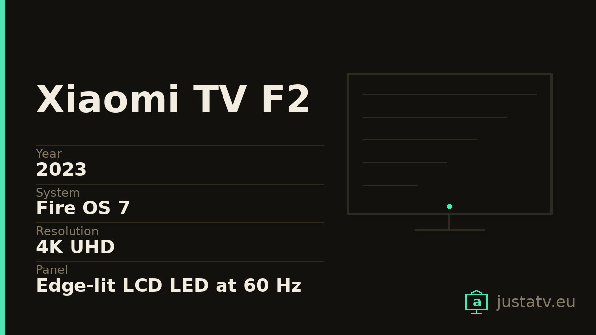 Specification card for the Xiaomi TV F2 showing its main figures