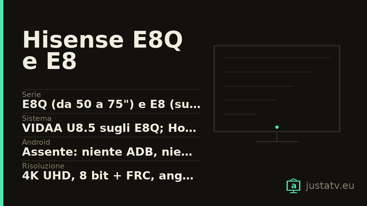 Scheda visiva del Hisense E8Q e E8 con i dati principali