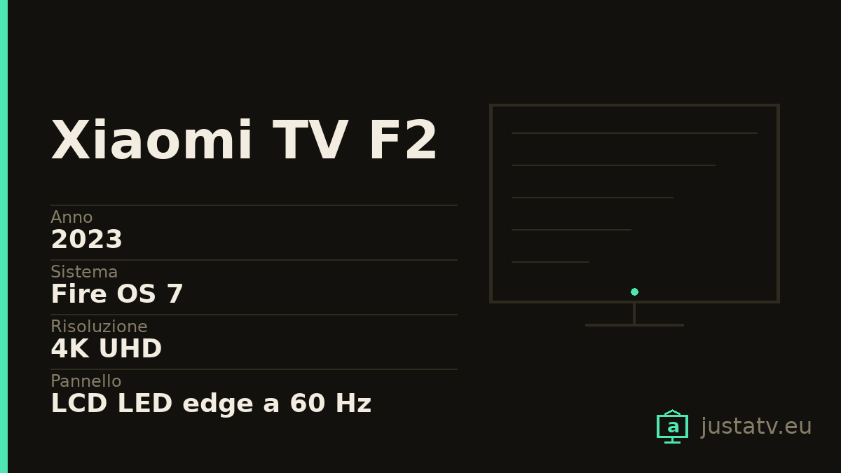 Scheda visiva del Xiaomi TV F2 con i dati principali